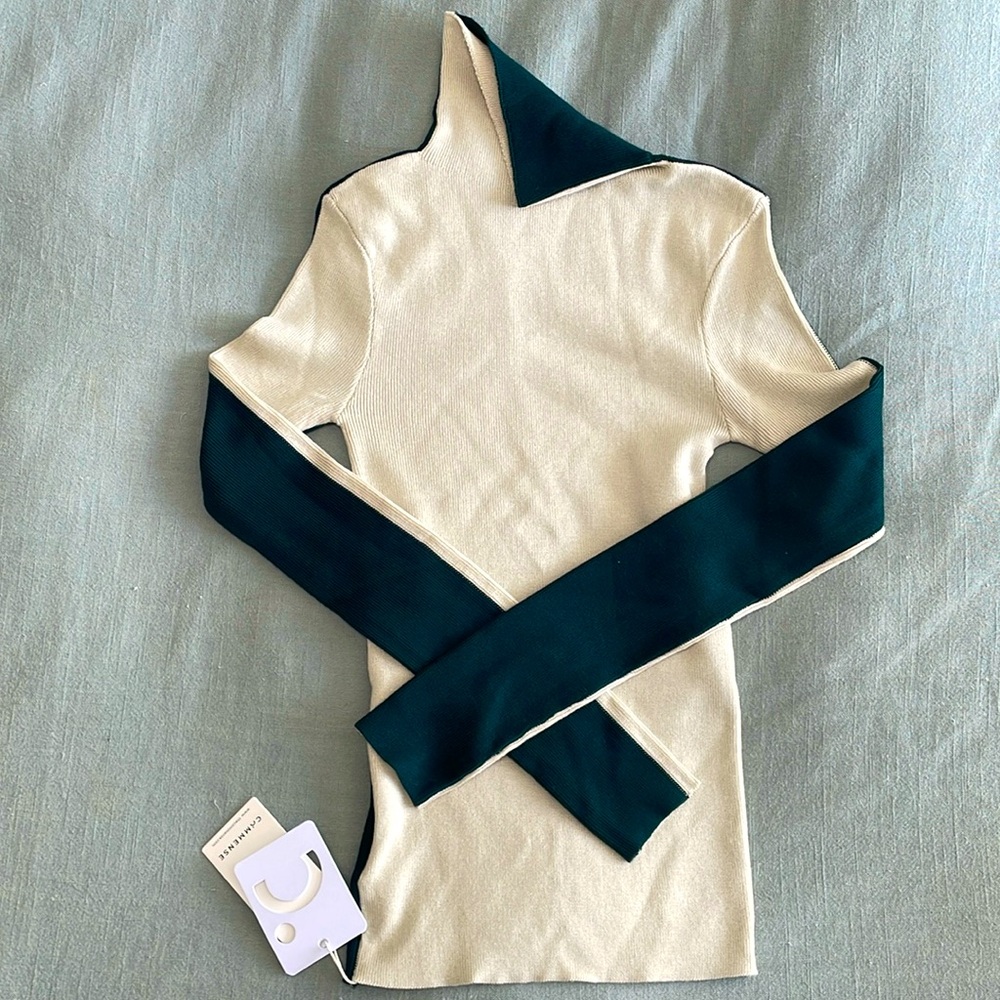 Two tone long sleeve turtleneck knit top